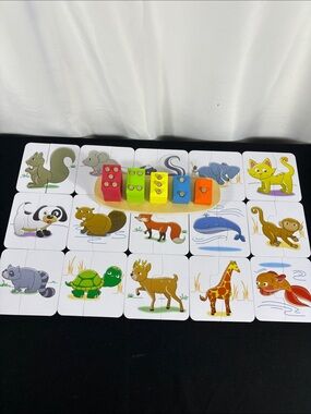 Wooden Peg Stacking and Animal Matching Set - Multicolor